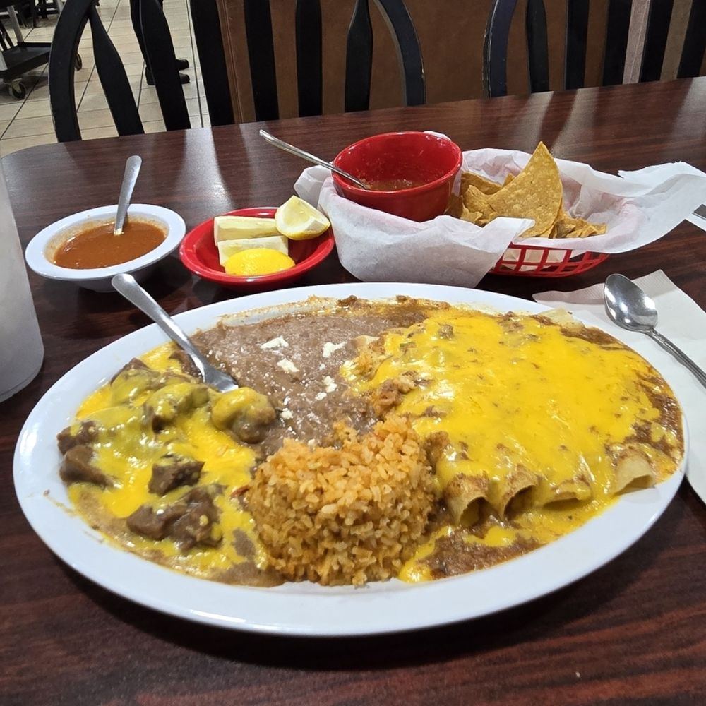 Carne guisada with enchiladas
